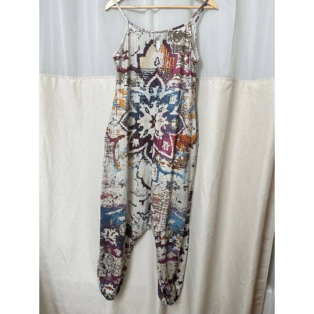 Boho Abstract Print Harem Jumpsuit Sleeveless Drop Crotch Pockets Multi-Color - Picture 6 of 10